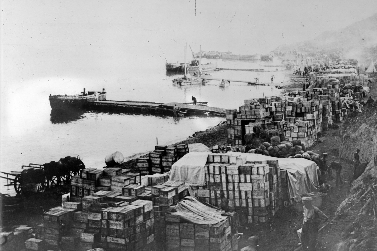 Supplies piled up on the beach at Anzac Cove, Gallipoli, May 1915