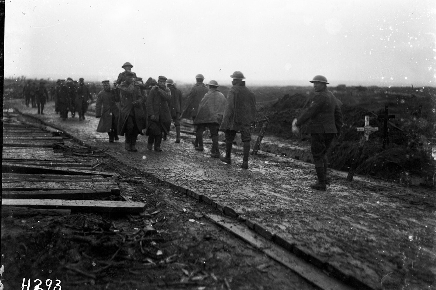 New Zealand troops moving down a corduroy road in the Ypres Salient, 4 October 1917