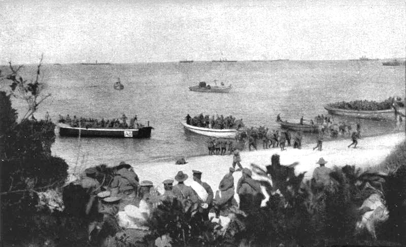 Men of the Australian 4th Battalion and an Indian mountain battery landing at Anzac Beach at 8 am on 25 April 1915